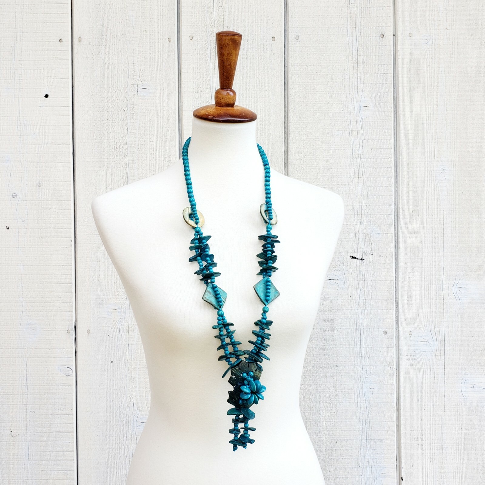 Vintage Statement Coconut Shell Blue Bead Boho Be… - image 3