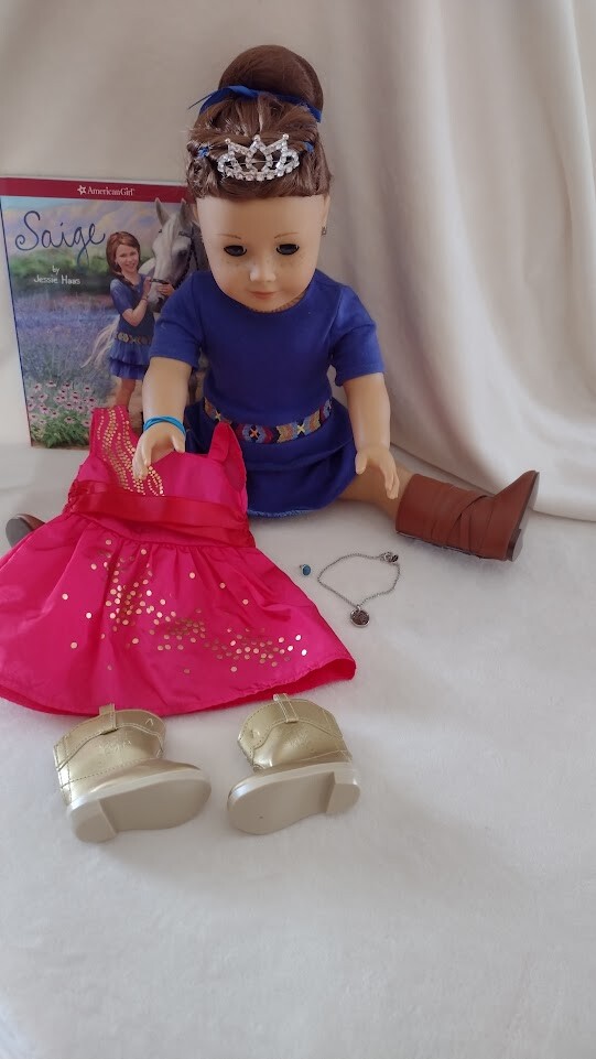 AMERICAN GIRL DOLL SAIGE 18" 2013 Sparkle Dress Ring Earrings Necklace ...