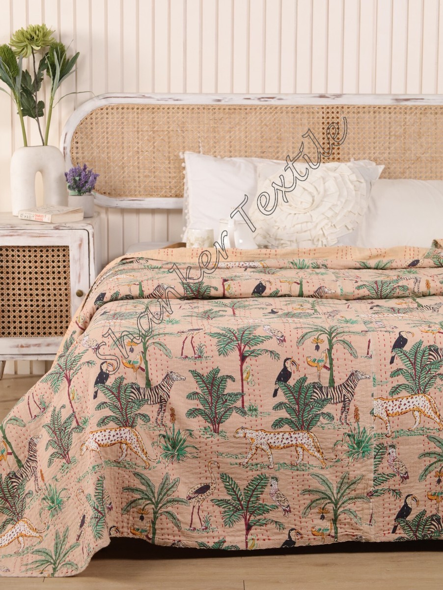 Beige Color Jungle Animal Printed Cotton Kantha Quilt- Throw