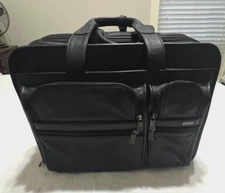 TUMI Black Leather Large Screen Expandable Computer Briefcase 2 Wheels EUC