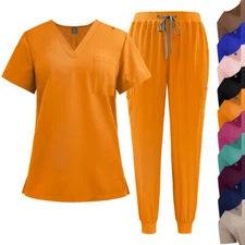 Unisex Jogger Scrub Set Men Women Medical Nurse Uniform Suit V-Neck 1-Pocket-Top