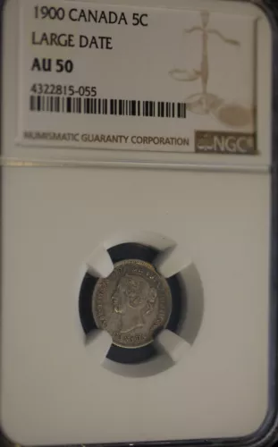 1900  Large Date "Round "O"**, NGC Graded Canadian,  ¢5 Cent, **AU-50**