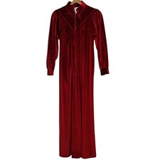 Vintage 80s JC Penney M Misses Robe Long Maroon Velour 1/2 Zip Stretch Gown EUC