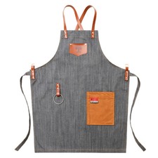 Denim Bib Apron for Coffee Waiter Artisan Wood Craftsman with Leather Strap