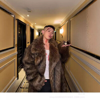 Winter Mens Faux Fur Coat Fox Fur Suit Collar Fur Loose Casual Warm Thicken  Coat