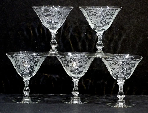 5 Vintage CAMBRIDGE Glass PORTIA Clear CHAMPAGNE SAUCER STEM Footed Low Sherbet
