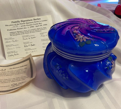 Fenton Carnival Glass Cobalt Blue Wave Candy Dish, Hand Signed &Painted Pansies
