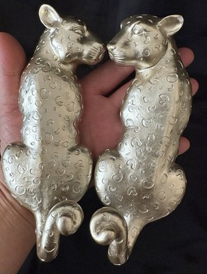 Pair Of Cheetah Leopard Figurine Wall Hanging Hook? Silver Tone 6.5  Resin