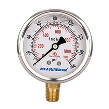  Lead-Free Pressure Gauge, 2-1/2inch Dial, 0-160 psi Lower Mount(Lead-Free)