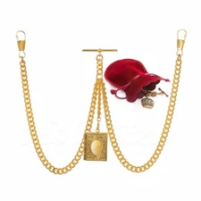 Brand New Gold Colour Double Albert Pocket Watch Fob Chain With Locket Pendant