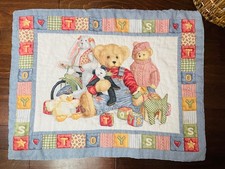 Vintage Blue Jean Teddy Bear Quilted Baby Blanket with Toys Blocks Bunny Bears