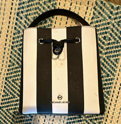 Michael Kors Black/White Striped Drawstring Satchel Top Handle, Detachable Strap