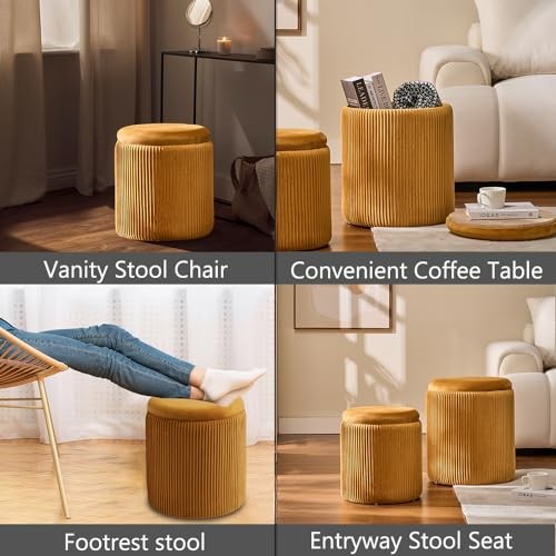 Round Set of 2 Ottoman with Storage-Upholstered Velvet Vanity Stool for Yellow - Picture 5 of 6