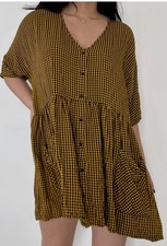 zara black yellow gingham mini dress Size Small Oversized Pockets Boho Western 