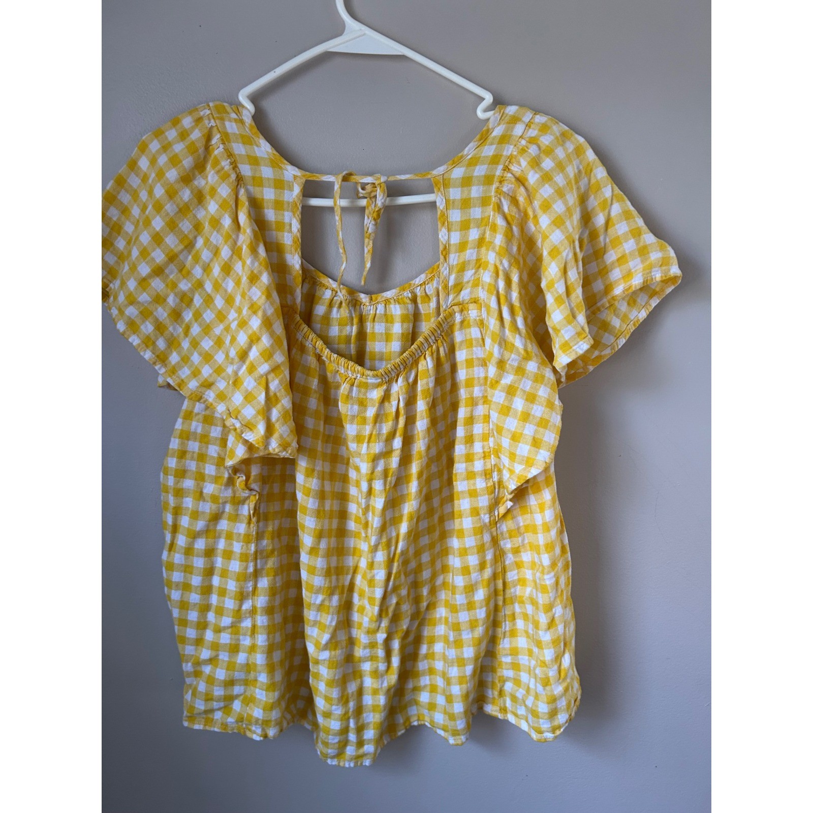 Yellow White Gingham Square Neck Flutter Sleeve  … - image 4