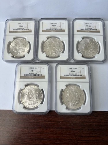 1900, 1900-O, 1901-O, 1902-O, 1904-O Morgan Silver Dollars All NGC MS64