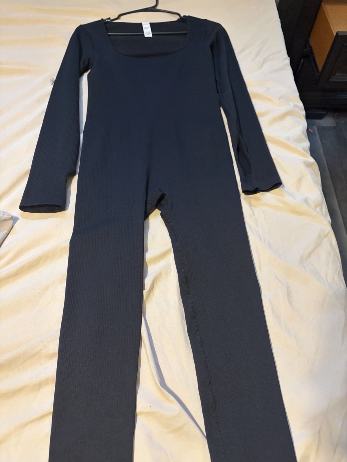 Black Long Sleeve Jumpsuit One-Piece Scoop Neck Size L Nylon Spandex