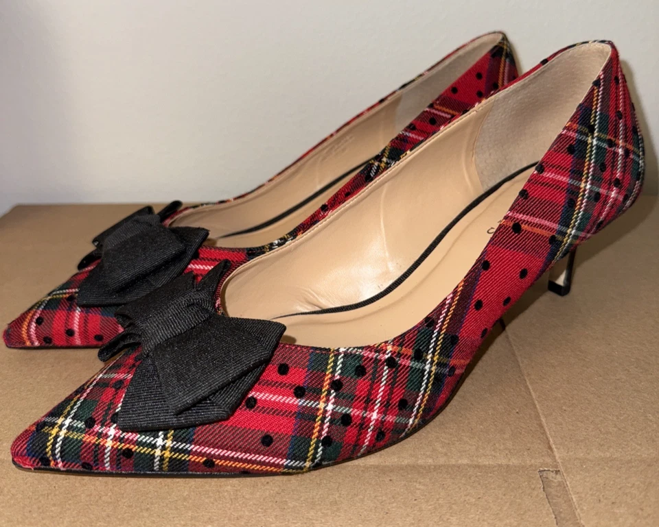 Talbots Erica Negro Arco Tartán Escocés Bomba 9.5 Gatito 2" Tacón Espuma con Memoria Vacaciones Foto 3 de 4