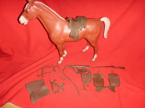 VINTAGE JOHNNY WEST ACTION FIGURE HORSE  THUNDERBOLT BROWN MARX  w Accessories