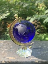 Vtg Planet Earth Blue Cobalt Glass Marble Map World Globe W Stand Etched Design