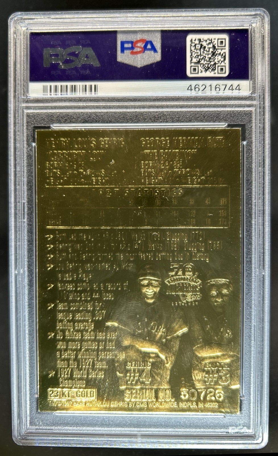 1997 CMG Worldwide Babe Ruth Lou Gehrig 23 Karat Gold 70th Ann. PSA 9 view 2