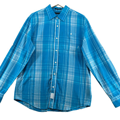 Sean John Tailored Fit Men's Size XL Blue Check Long Tuck Sleeves Casual Shirt