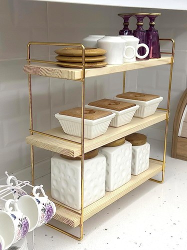 Ndeko Arbeitsplatte Regal aus Holz und Metall Gold mit 3 Ablagen - Bild 2 von 8