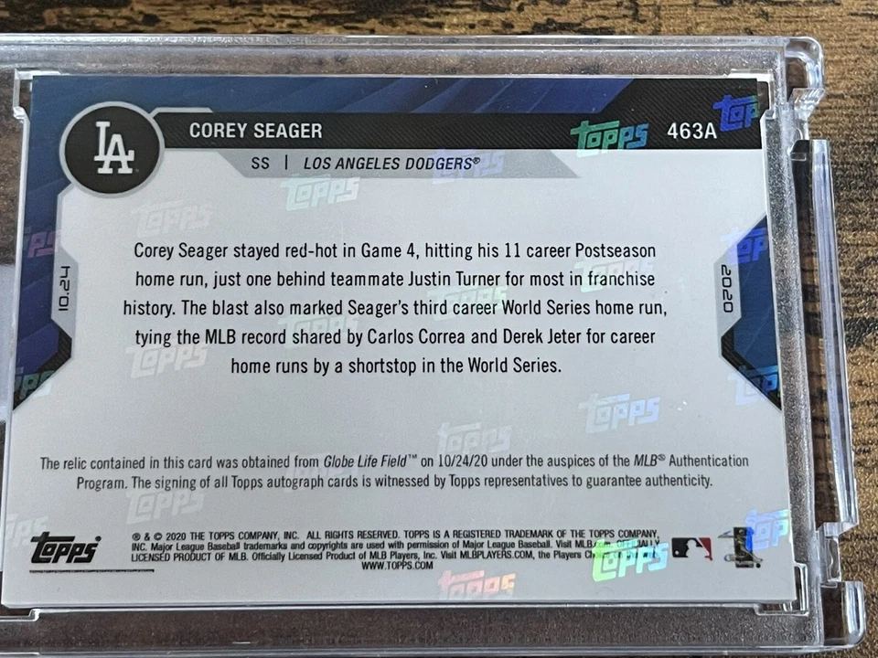 2020 Topps Now 463A Corey Seager 18/25 Auto/base Relic WS MVP - Image 4 of 4