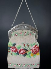 Antique Deco Beaded Purse w Silver-plated Floral Frame  Pink Roses both sides