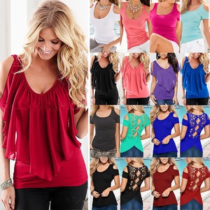 Womens-Cold-Shoulder-T-Shirt-V-Neck-Short-Sleeve-Summer-Casual-Tunic-Blouse-Tops