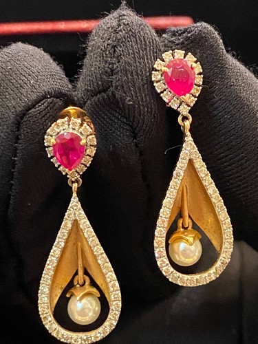 Pave 2.92 Cts Round Brilliant Cut Diamonds Ruby Pearl Dangle Earrings 14K Gold - Picture 2 of 12