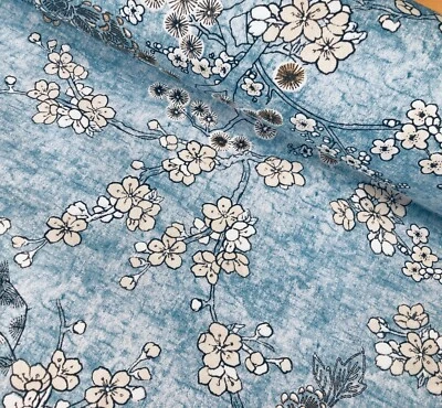 LUSHFABRIC Japanese Sakura Blossom Cherry Floral Twill Curtain Fabric -140cm wide - Blue