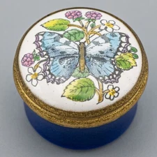 DAMAGED Halcyon Days Enamels Trinket Box Blue Butterfly Blackberry Flower Lidded