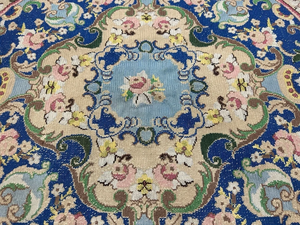 Винтажный круглый французский шерстяной ковер ручной работы с игольчатым наконечником Aubusson 3x3 фута - Изображение 4 из 4