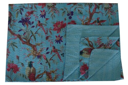 Indian Reversible Queen Kantha Blanket Bedspread Bird Flowers Decor Bedspread-