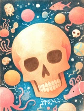 Cosmic Skull Surrounded by Sea Creatures Surreal Art Poster 18x24in