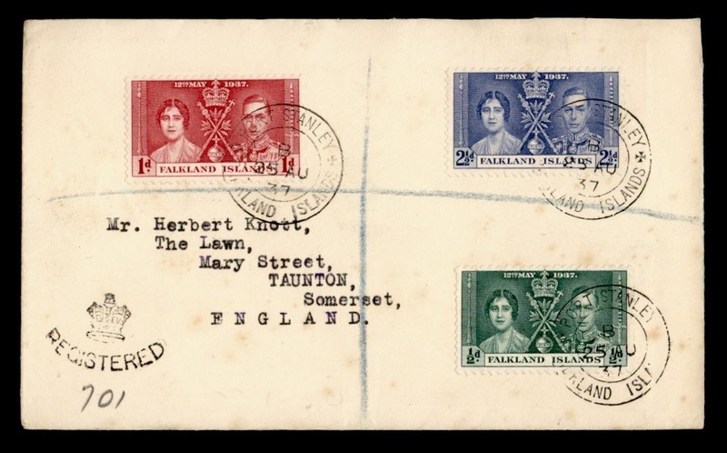 DR WHO 1937 FALKLAND ISLANDS KGVI CORONATION REGISTERED TO ENGLAND R78588