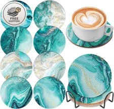8 Pcs Ocean Diamond Art Painting Coasters with Holder, DIY Ocean Diamond Crafts 