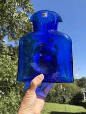 Vintage Blenko Glass Blue Water Pitcher Juice Double Spout With Label 8 1/4”