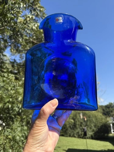 Vintage Blenko Glass Blue Water Pitcher Juice Double Spout With Label 8 1/4”