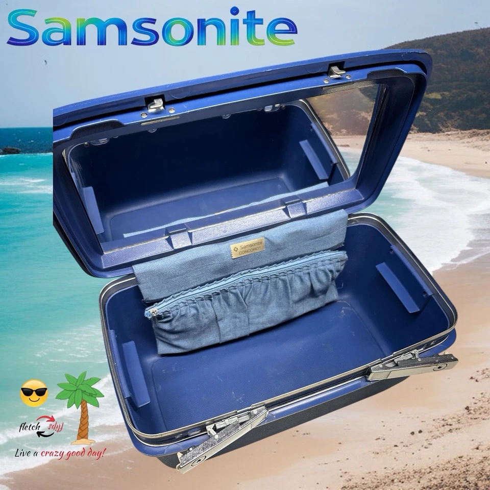 Vintage Blue Samsonite Concord 70's Travel Train Case w/Tray, Mirror & 2 Keys - Image 3 of 4