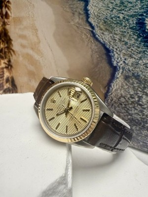 Ladies Rolex Oyster Perpetual Datejust Two Tone Champagne Pinstripe Dial Watch