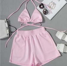 2 PC Pink Short Set, Tie backless Halter Crop Top with Shorts, Comfy Summer Set