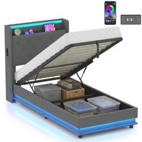 HOMCOM Lift up Storage Bed Frame with RGB LED Lights, 90 x 190cm, Dark Grey
