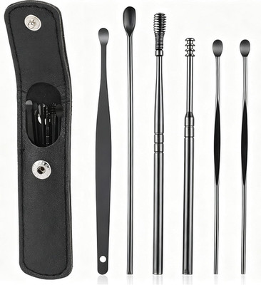 Ear Wax Removal Kit 6 Pcs Stainless Steel Ear Cleaner Tool for Adults, Black