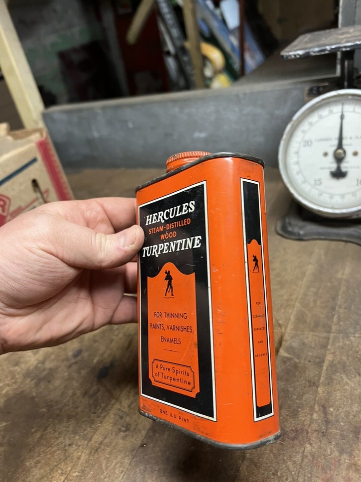 Vintage Old Hercules Steam Distilled Wood Turpentine Paint Metal Tin