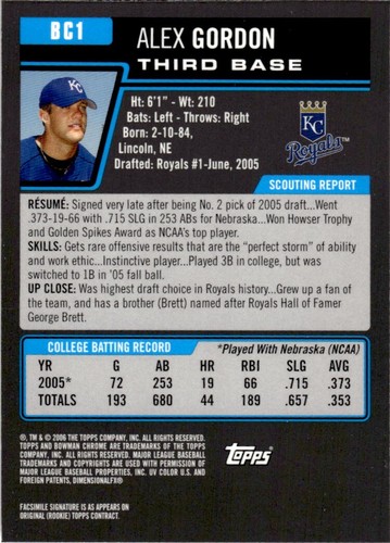 2006 Bowman Chrome Prospects Alex Gordon Kansas City Royals #BC1 - Picture 2 of 2