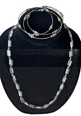 Art Deco Style Necklace Atlas Satin Glass Czech  Beads Bonus Cat s Eye Bangles
