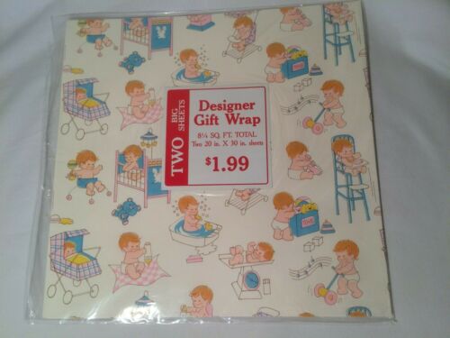NOS 1980's Vintage Baby Toys Stroller Bathtub Crib scale Gift Wrap Paper - Picture 2 of 2
