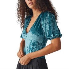Free People Dont You Wish Velvet Bodysuit In Deep Teal M NWT